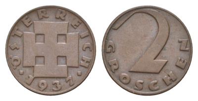Австрия 2 гроша 1937 KM 2837 бронза 4564-552