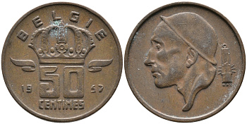 Бельгия 50 сантимов 1957 Belgie, Бодуэн I (1951-1993) KM 149.1 бронза 99-1212