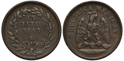 МЕКСИКА 1 СЕНТАВО 1893 ВТОРАЯ РЕСПУБЛИКА KM 391.6 медь VF 4391-351