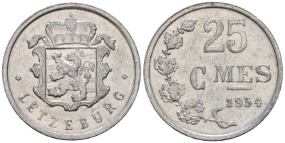 Люксембург 25 сантимов 1954 Шарлотта (1918-1964) KM 45a алюминий 4532-1018