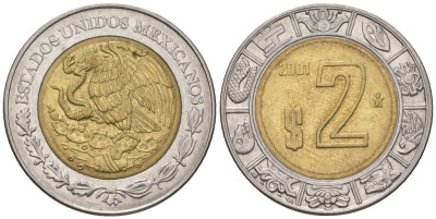 Мексика 2 песо 2001 M KM 604 биметалл 4591-222