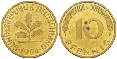 ФРГ 10 ПФЕННИГОВ 1994 G KM 108, J.383 сталь плакированная латунью 3718-911