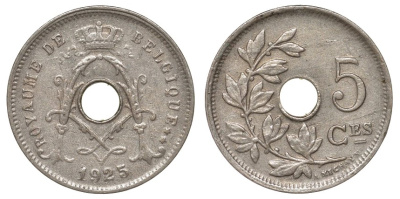 Бельгия 5 сантимов 1925 KM 66 медно-никель 4174-151