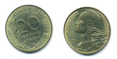 ФРАНЦИЯ 20 САНТИМОВ 1980 KM 930 медь алюминий никель 25-213