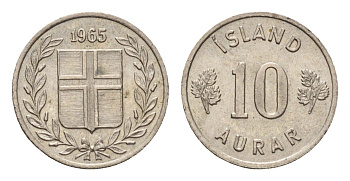 Исландия 10 эйре 1965 KM 10 медно-никель UNC 4690-713