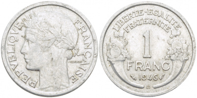 ФРАНЦИЯ 1 ФРАНК 1946 В KM 885а.2 алюминий 4402-916