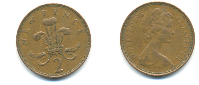 Великобритания 2 пенса 1975 Елизавета II (1952-2022) KM 916, Spink 4235 (C1) бронза 177-817