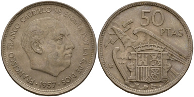 Испания 50 песет 1957 (58) Франсиско Франко (1939-1975) KM 788 медно-никель 189-616
