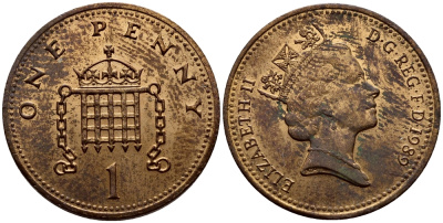 Великобритания 1 пенни 1989 Елизавета II (1952-2022) KM 935, Spink 4381 (B3) бронза 3458-219