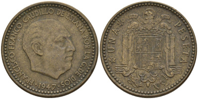 Испания 1 песета 1947 (49) Франсиско Франко (1939 - 1975) KM 775 алюминиевая бронза 4155-321