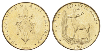 Ватикан 20 лир 1970 MCMLXX KM 120 алюминиевая бронза UNC 4701-519