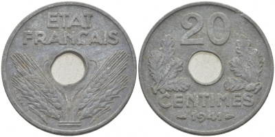 Франция 20 сантимов 1941 Правительство Виши KM 900.1 цинк 77-911