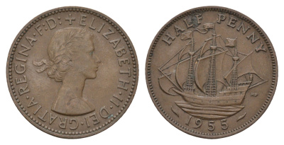 Великобритания 1/2 пенни 1955 Елизавета II (1952-2022) KM 896, Spink 4158 бронза 4675-425