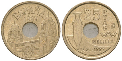 Испания 25 песет 1997 Мелилья (Melilla), Хуан Карлос I (1975-2014) KM 983 алюминиевая бронза UNC 4618-841