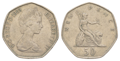 Великобритания 50 пенсов 1969 Елизавета II (1952-2022) KM 913, Spink 4223 медно-никель 4634-542