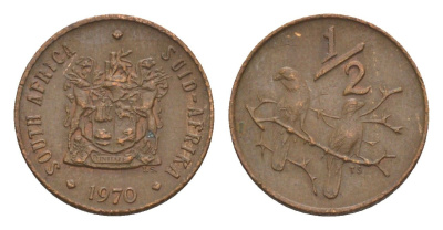 ЮАР 1/2 цента 1970 два капских воробья на ветке KM 81 бронза 4609-1117