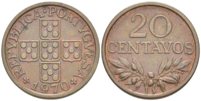 ПОРТУГАЛИЯ 20 СЕНТАВО 1970 KM 595 бронза XF 4516-358