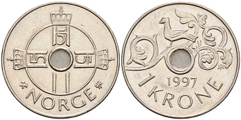 Норвегия 1 крона 1997 Харальд V (1992- ) KM 462 медно-никель 4582-737