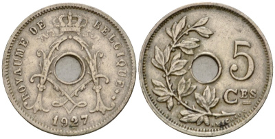 Бельгия 5 сантимов 1927 Belgie KM 67 медно-никель 4548-621