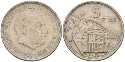 Испания 5 песет 1957 (71) Франсиско Франко (1939 - 1975) KM 786 медно-никель 4155-552