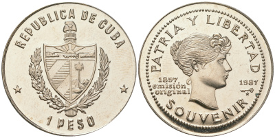 Куба 1 песо 1987 90 лет "сувенирного" песо KM 165 медно-никель PROOF 4165-324