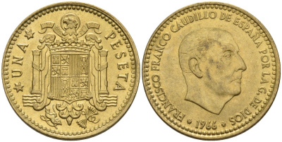Испания 1 песета 1966 (67) Франсиско Франко (1939-1975) KM 796 алюминиевая бронза 4604-145