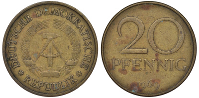 ГДР 20 пфеннигов 1969 А, первый год KM 11 латунь 62-1224