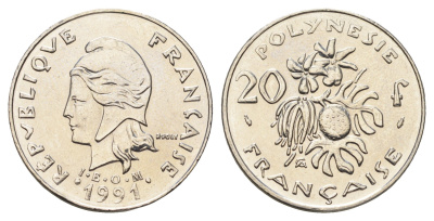 Французская Полинезия 20 франков 1991 KM 9 никель UNC 4666-527