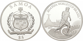 Самоа 5 тала 2013 FIFA, Чемпионат мира по футболу в Бразилии 2014 KM NEW серебро PROOF 11-104-21