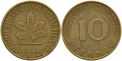 ФРГ 10 пфеннигов 1972 G J. 383, KM 108 сталь плакированная латунью    4603-357