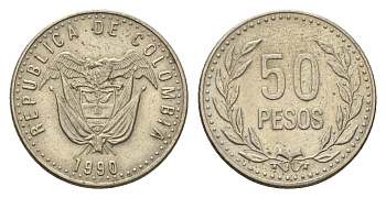 Колумбия 50 песо 1990 KM 283 медь цинк никель 4696-1232