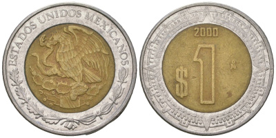 Мексика 1 песо 2000 Mo KM 603 биметалл 4591-151