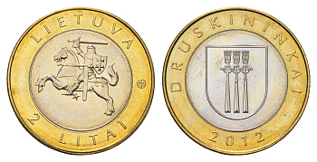 Литва 2 лита 2012 Курорты Литвы - Друскининкай KM 184.1 биметалл UNC 4695-442