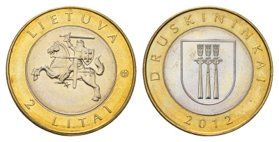 Литва 2 лита 2012 Курорты Литвы - Друскининкай KM 184.1 биметалл UNC 4695-442