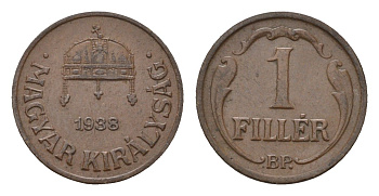 Венгрия 1 филлер 1938 KM 505 бронза 44-1235