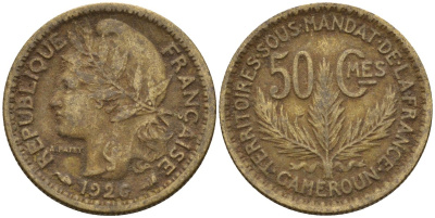 Камерун 50 сантимов 1926 (a), мондвор Париж KM 1 алюминиевая бронза 4169-1123