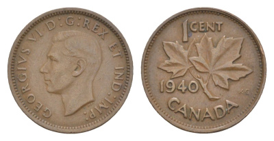 Канада 1 цент 1940 Георг VI (1936-1952), кленовый лист KM 32 бронза 4630-513