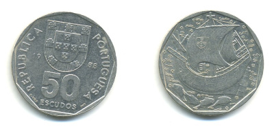 Португалия 50 эскудо 1988 парусник KM 636 медно-никель 56-1443