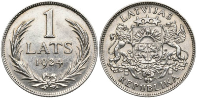 Латвия 1 лат 1924 Первая республика (1918-1939) KM 7 серебро 27-1236