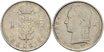 БЕЛЬГИЯ 1 ФРАНК 1964 BELGIE KM 143.1 медно-никель 4546-355