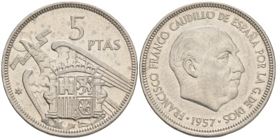 Испания 5 песет 1957 (75) Франциско Франко (1939-1975) KM 786 медно-никель 4561-821