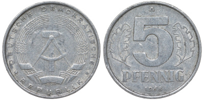 ГДР 5 пфеннигов 1968 A KM 9.1 алюминий 62-132