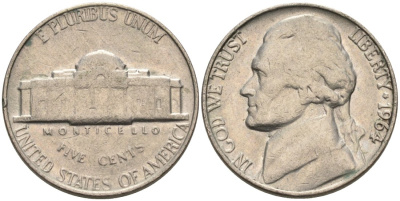 США 5 центов 1964 Джефферсон KM А192 медно-никель 92-1116