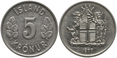 Исландия 5 крон 1977 KM 18 медно-никель 181-636