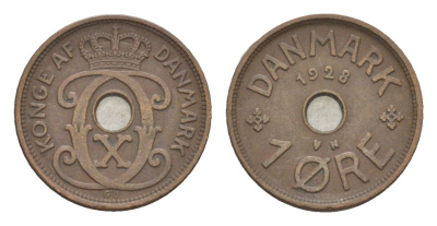 Дания 1 эре 1928 N, Кристиан X (1912-1947) KM 826 бронза 4639-669