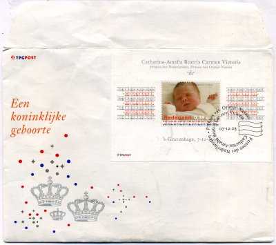 Нидерланды медаль 2003 на рождение принцессы Катарины Амалии, 7 декабря 2003 года, диаметр 33 мм., запайка, в конверте первого дня гашения, с маркой медно-никель UNC 3-4-3-02