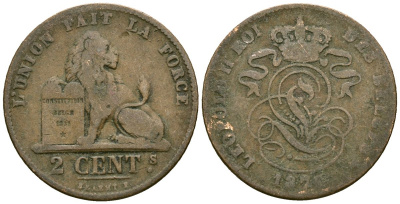 Бельгия 2 сантима 1873 Des Belges, Леопольд II (1865-1909) KM 35.1 медь 4177-1044