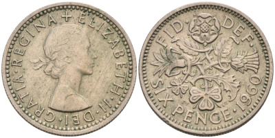 Великобритания 6 пенсов 1960 Елизавета II (1952-2022) KM 903, Spink 4149 медно-никель 4561-1046