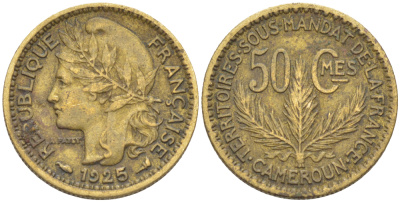 Французский Камерун 50 сантимов 1925 (а), монетный двор Париж KM 1 алюминиевая бронза 36-1147