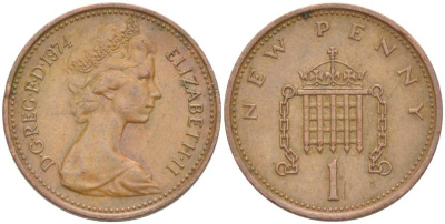 Великобритания 1 пенни 1974 Елизавета II (1952-2022) KM 915, Spink 4237 (B1) бронза 217-327